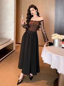 Joudiya Đầm dài tay trễ vai phối ren tương phản thanh lịch dành cho nữ - màu đen - Xem 5