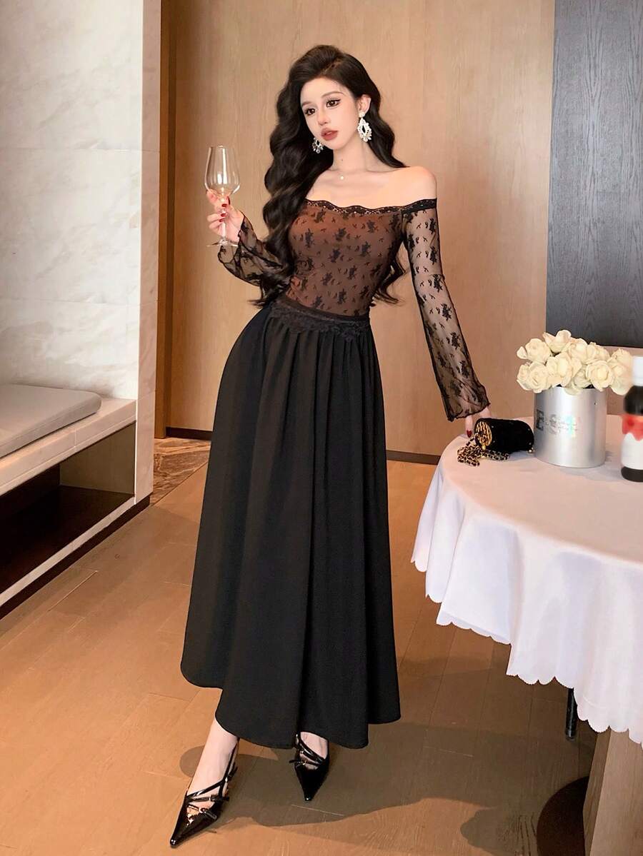 Joudiya Đầm dài tay trễ vai phối ren tương phản thanh lịch dành cho nữ - màu đen - Xem 1