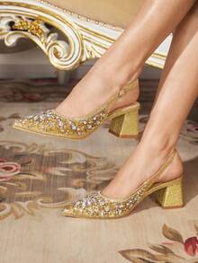 CUCCOO TILAWA Women's Cloth Square And Glass Rhinestone Decorative Pointed Women's High-Heeled Shoes, Suitable For Going Out, Banquets, Parties And Other Activities - Gold - View 5