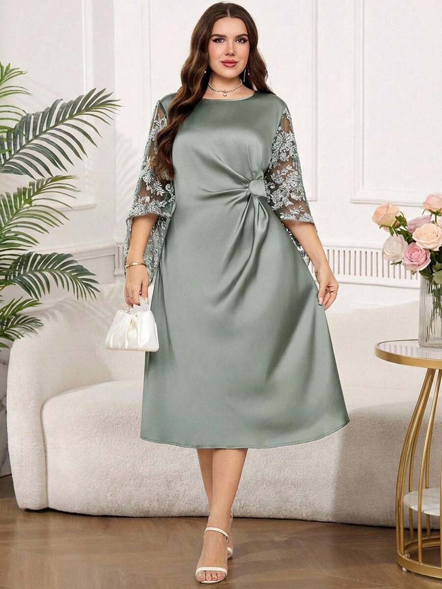 Reflora Plus Size Women's Sage Green Elegant Dress,Autumn Mesh Flare Sleeve Ruched Waist Satin Dress,Wedding Guest Party Graduation Evening Formal Dresses - Green - View 1