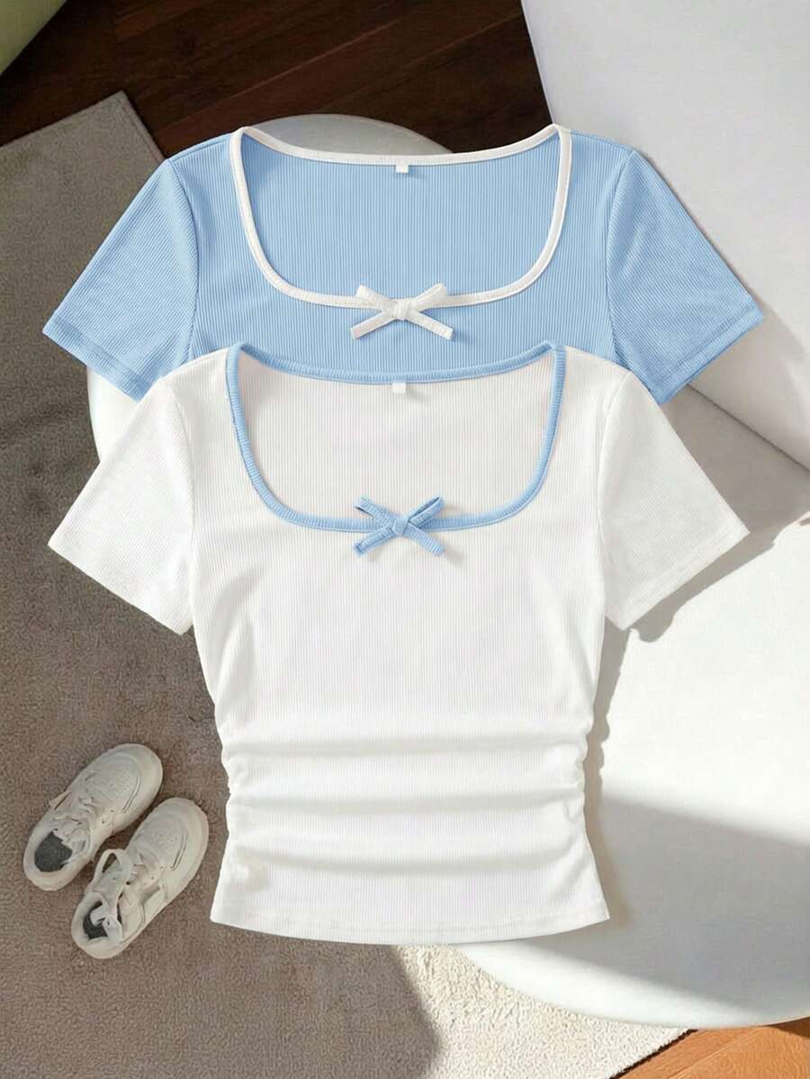SHEIN 2件組 青少年女孩休閒舒適對比條紋蝴蝶結裝飾U領抓皺短袖T恤,可愛上衣 - 藍白色 - 查看 1