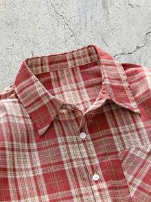 EVRINFINITE 男士宽松短袖格子衬衫（带纽扣） - 紅色 - 查看 3