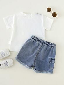 SHEIN 2pcs Baby Boy Denim Patchwork Crew Neck T-Shirt And Denim Pants Set, Casual Everyday Wear - Multicolor - View 2