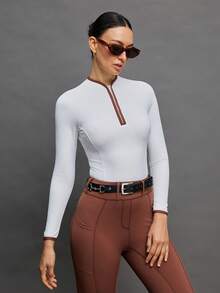 Activina Women's Minimalist Contrast Trim Zipper Half-Zip Long Sleeve Equestrian Top - White - View 6