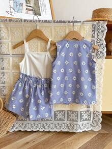 3件套女童夏季雏菊印花蓝色格子无袖背心外套上衣和裤子套装，含吊带衫，夏季风格，简约设计，适合度假女童穿着 - 彩色 - 查看 3
