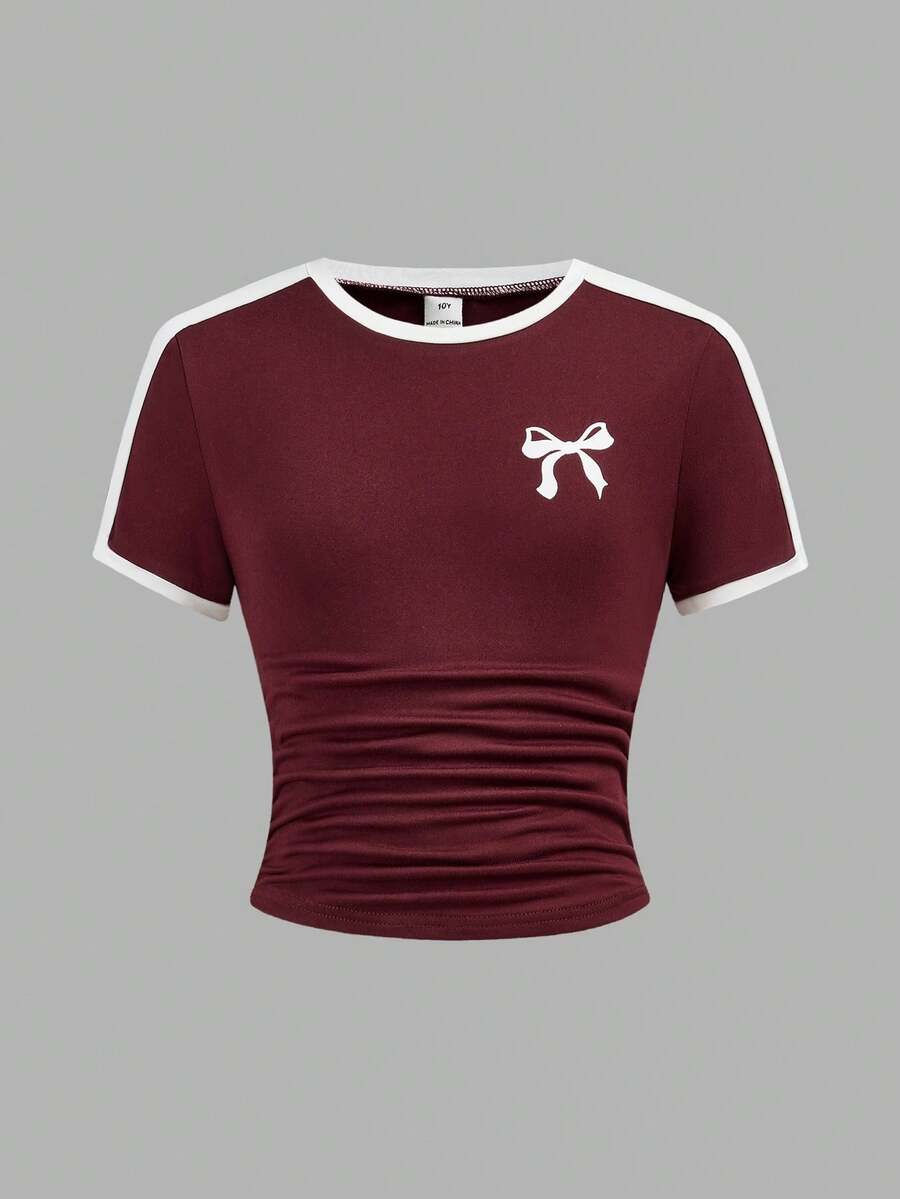 SHEIN Girlism 少女休闲家居服及街头风褶皱蝴蝶结印花撞色短款修身舒适圆领针织上衣，复古学院风撞色设计 - 酒紅色 - 查看 1