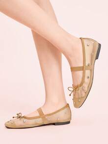 CUCCOO DOLLMOD Ladies Light Brown Mesh Breathable Mary Jane Flats, Rhinestones Embellished Spring Shoes - Light brown - View 5