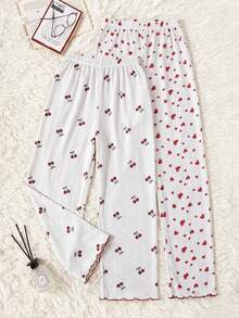 SHEIN Women Cotton 2 Pcs Fake Drawstring Detail Contrast Colour Cherry&Heart Pattern Homewear Long Rib Knit Casual Cute Sleep Lounge Bottoms Set - Pink - View 2