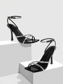 CUCCOO SZL Giày sandal quai ngang mũi vuông đính đá cho nữ, thích hợp làm quà Giáng sinh - màu đen - Xem 3