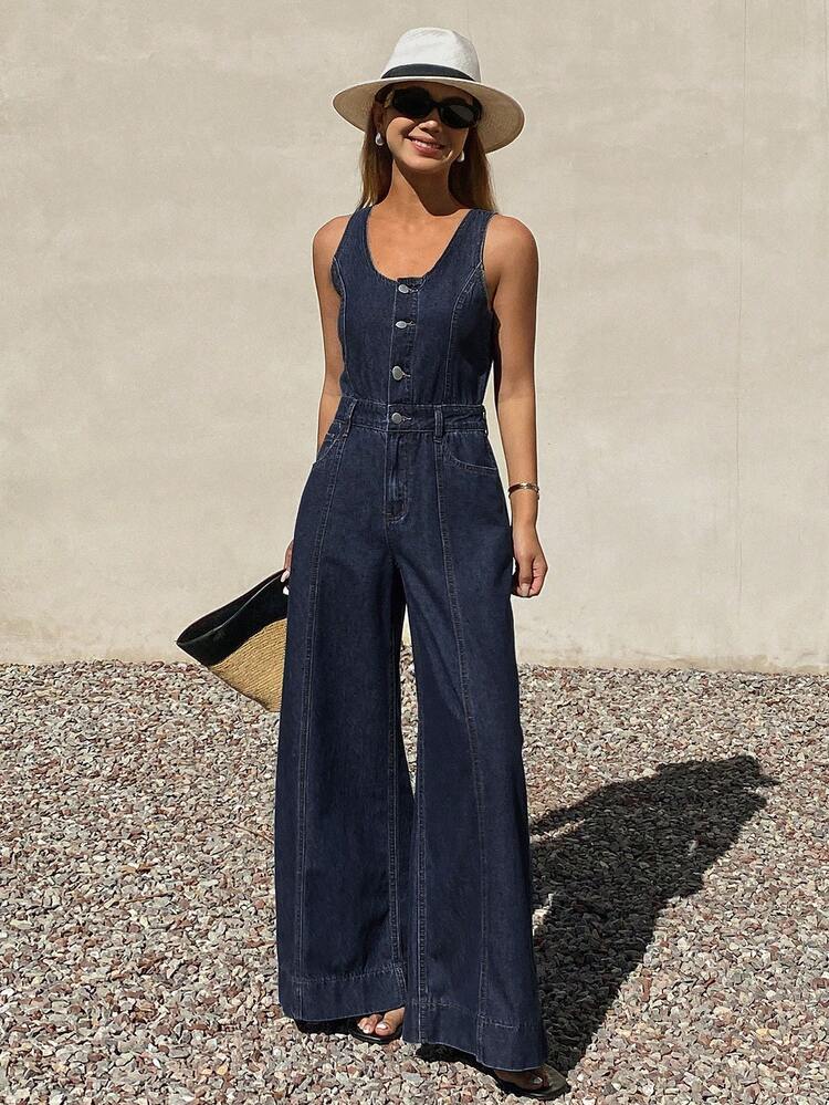 Women's Sleeveless Adjustable Strap Loose Straight Leg Casual Denim Jumpsuit Summer