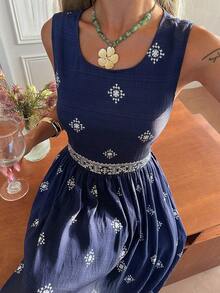 DAZY Women's Summer Round Neck Sleeveless Contrast Color Floral Print Casual Elegant Dress Boho Sun Dresses For Women Vacation Outfits Women - Navy Blue - View 5