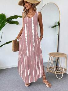 SHEIN LUNE V-Neck Asymmetric Hem Side Slit Sleeveless Dress With Pockets, Geometric Print, Casual Vacation Elegant Dress For Women - Pink - View 4