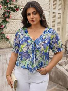 Reflora Plus Size V-Neck Short Sleeve Ruffle Tie-Front Allover Print Loose Blouse, Going Out Tops - Blue - View 4
