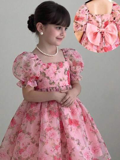 Young Girl Elegant Woven Organza Floral Print Square Neck Puff Sleeve Bowknot Back Waist Splice Flared Princess Dress, Suitable For Wedding, Party, Holiday, Pink Flower Girl Dress
