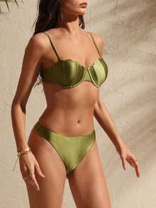 Swim Chiccia 2pcs Glossy Fabric Underwire Shell Top And Thong Bikini Set, Sexy Swimwear - Green - View 1