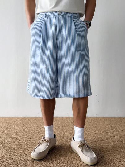 HUEFORM Men's Casual Striped Elastic Waist Bermuda Shorts, Light And Comfortable, Pleats Design, Spring/Summer