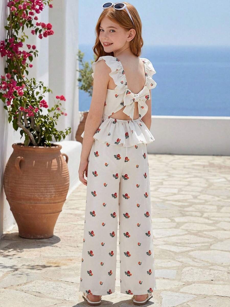 SHEIN 2pcs Tween Girls Woven Square Neck Ruffle Trim Casual Camisole And Pants Set - Beige - View 1