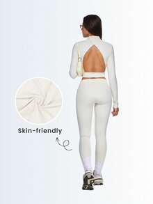 Eassivo Eassivo 女士运动上衣 新款时尚露背瑜伽长袖修身运动上衣 适合户外普拉提训练 - 米色 - 查看 8