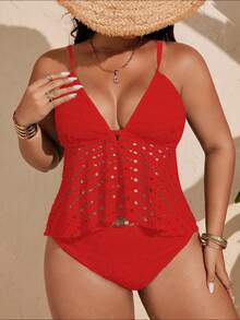 Swim Lushoire Conjunto de tankini de malla para vacaciones de verano de talla grande - Rojo - Ver 5