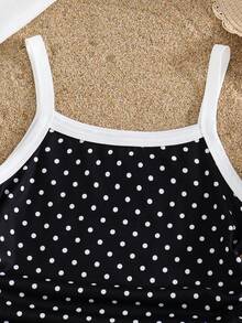 少女夏季柔软波点吊带背心，撞色白色，时尚百搭，适合旅行、日常穿着、上学等多种场合，黑白拼接，非露脐款，黑色吊带背心，露背设计，夏季上衣 - 黑與白 - 查看 4