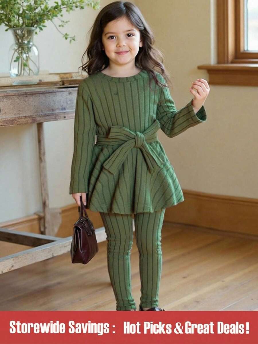 SHEIN 女童罗纹长袖连衣裙配紧身打底裤套装（2件套），春秋季 - 墨綠色 - 查看 1