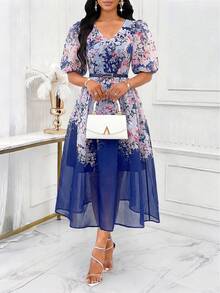 SHEIN Lady 女士印花V领花瓣袖连衣裙，优雅假日风 - 藍色 - 查看 3