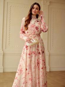 ZEYLAH Ladies' Elegant Floral Print Dress With A Tie-Neck For Dates And Parties - Pink - View 6