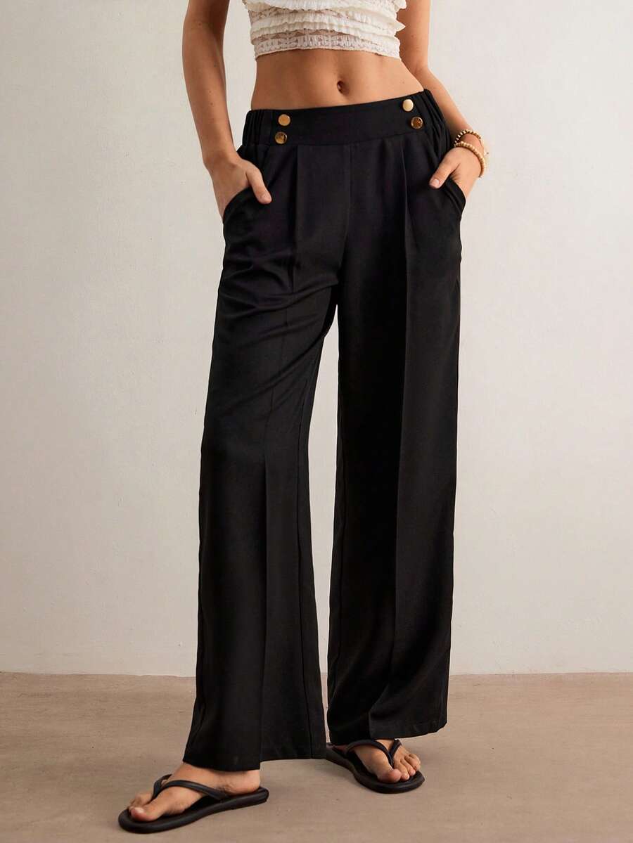 Freevana Women's Elegant Double Button Straight Office Pants - Black - View 1