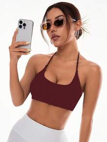 Slayform Slayform Women's Solid Color Criss-Cross Back Racerback Sports Bra - Burgundy - View 4