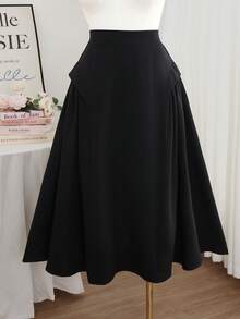 Modelyn Asymmetrical Patchwork High Waist Slimming Flared Skirt, Plus Size - Black - View 1