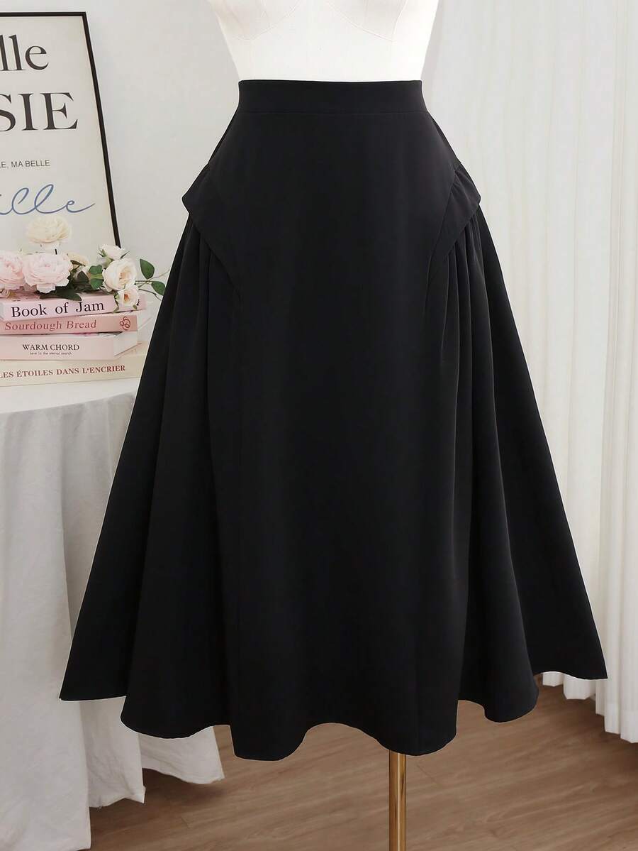 Modelyn Asymmetrical Patchwork High Waist Slimming Flared Skirt, Plus Size - Black - View 1