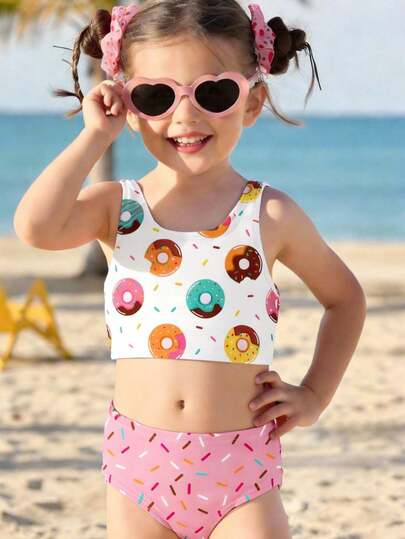SHEIN Young Girl Casual Minimalist Donut Print Camisole & Triangle Bikini Swimwear Set, Suitable For Summer
