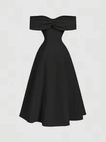 SHEIN MOD Đầm midi nữ màu trơn, trễ vai, xếp ly, thắt eo thanh lịch, thích hợp cho các buổi hẹn hò và tiệc tùng. - màu đen - Xem 2