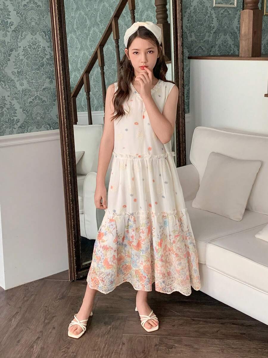 Dazy Kids Tween Girls Sweet Tie Collar Floral Sleeveless Dress - Beige - View 1