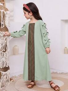 SHEIN Young Girl Woven Solid Color Square Collar Bow Decor Casual Dress - Mint Green - View 7