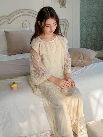 DAZY 少女优雅纯色蕾丝上衣和裤子睡衣套装