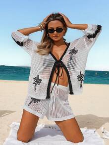 Swim Vcay 春夏镂空V领七分袖沙滩罩衫 - 黑與白 - 查看 6