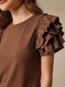 Anewsta Women's Spring Round Neck Petal Sleeve Frill Trim Splice Short Sleeve Casual T-Shirt - Coffee Brown - View 6