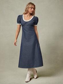 WESTFADE Chambray Mini-Rock mit Rundhalsausschnitt, Puffärmeln, Lochstickerei-Besatz und Empire-Taille in entspannter A-Linie-Form - Mittele Waschung - Übersicht 3