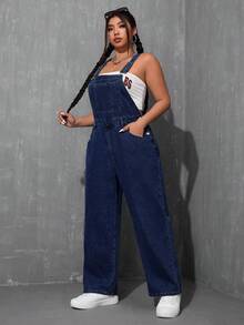 SHEIN ICON Plus Size Casual Versatile Washed Denim Bib Overalls - Dark Wash - View 5