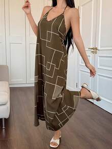 DAZY 女士度假几何图案吊带露背长款睡裙 - 軍綠色 - 查看 6