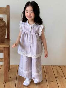 DAZY 女童条纹韩版荷叶边无袖上衣和宽松裤子两件套 - 薄荷綠 - 查看 8
