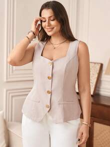 Rosumi Blusas casuales de verano de talla grande para mujer, unicolor, elegantes, de negocios, de lino, para vacaciones en la playa y salidas, talla grande chaqueta de talla grande para mujer - Albaricoque - Ver 4