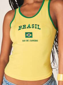MISSGUIDED Camiseta sin mangas con cuello de pico y estampado de Río de Janeiro, con temática de la bandera de Brasil, para usar en vacaciones de verano - Amarillo - Ver 2