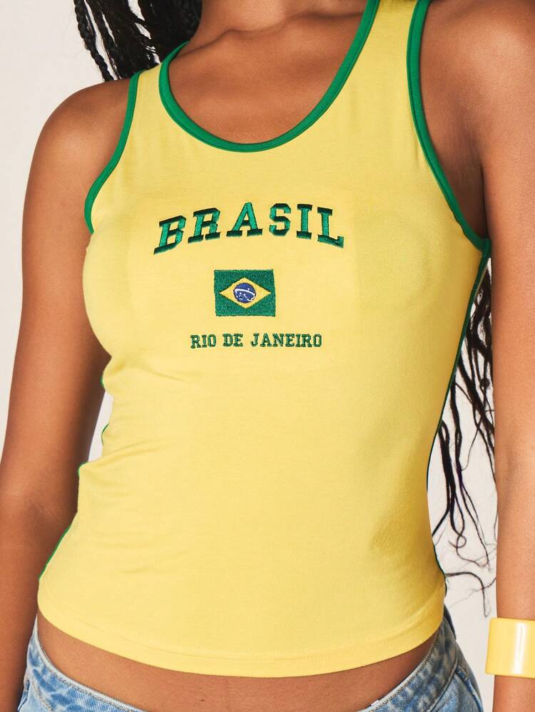 MISSGUIDED Ärmelloses Trägershirt im Brasilien-Flaggen-Stil mit Rundhalsausschnitt und Rio de Janeiro-Aufdruck für den Sommerurlaub