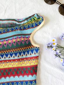 Tween Girl Casual Asymmetric Textured Striped Off-Shoulder T-Shirt And Shorts 2-Piece Set - Multicolor - View 3