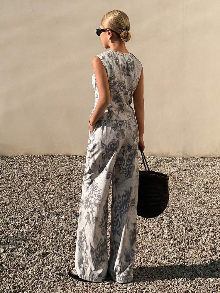 Women's Casual Floral Print Faux Pocket Vest And Wide Leg Pants 2 Pieces Set, Summer