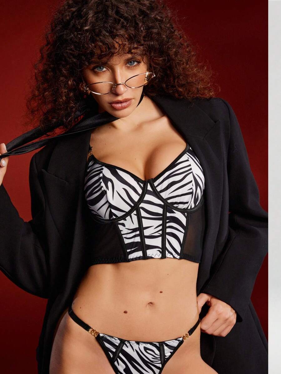 Women's Printed Milk Silk Mesh Underwire Fishbone Bra - Black - View 1