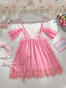 PetitDoll Set de 2 piezas Camisón de encaje sexy con parches para mujer, Día de San Valentín - Rosa - Ver 8