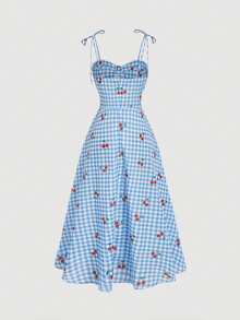 SHEIN MOD Đầm dài xẻ tà thắt nơ in họa tiết kẻ caro anh đào - Xanh và trắng - Xem 6